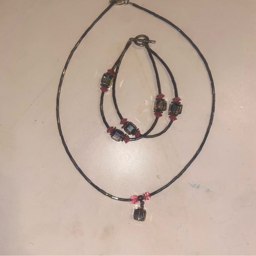 Handcrafted Black Necklace and Bracelet Set with Pink Accent Beads